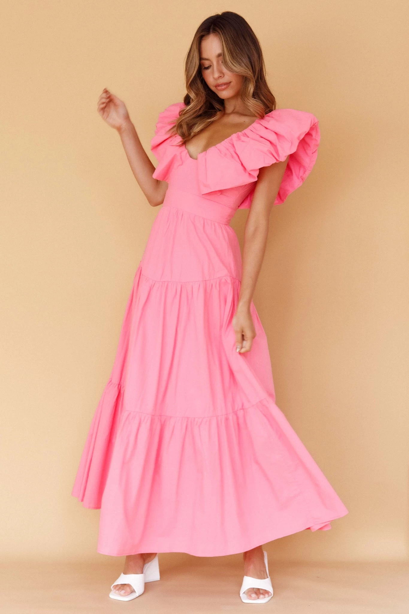 Kahlo Puffed Ruffle Neckline Maxi Dress Soft Pink - Image 3