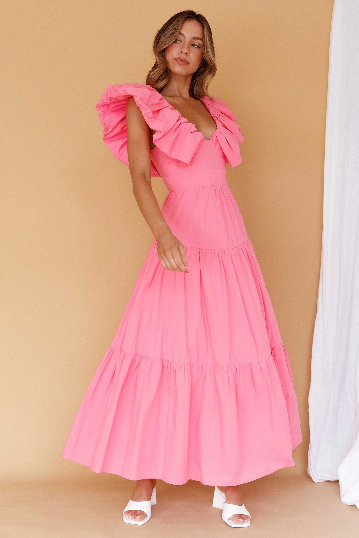 Kahlo Puffed Ruffle Neckline Maxi Dress Soft Pink - Image 5