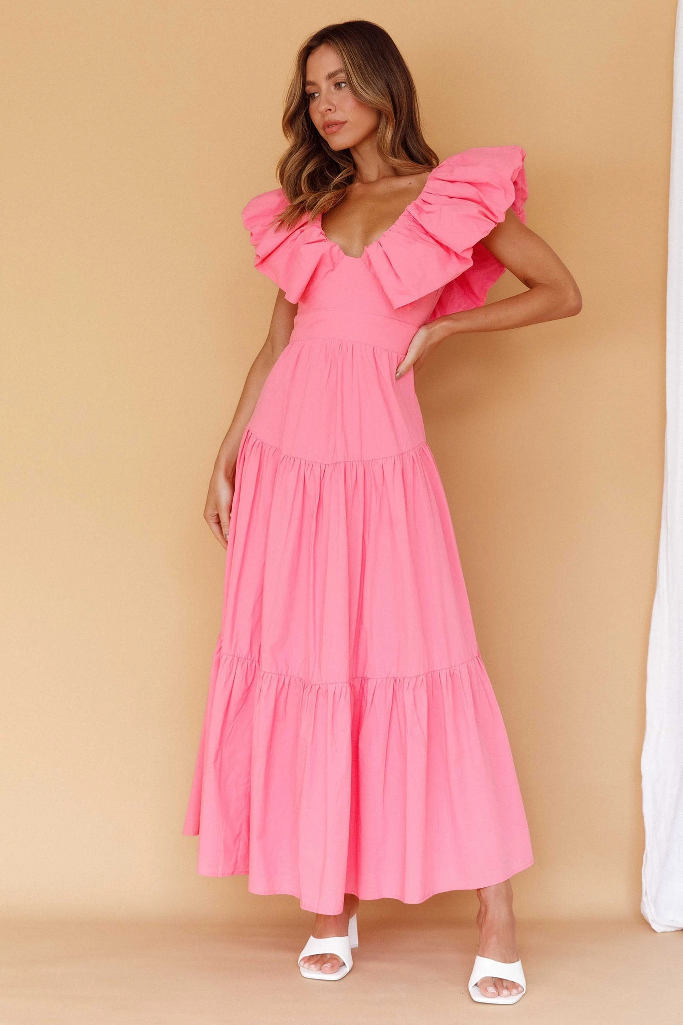 Kahlo Puffed Ruffle Neckline Maxi Dress Soft Pink - Image 8