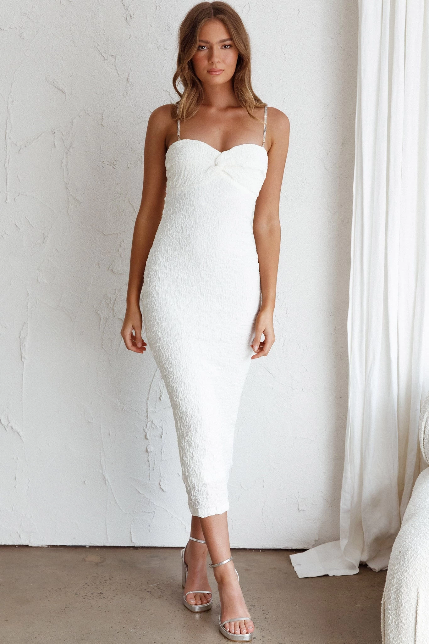 Tiffani Diamante Strap Midi Dress White - Image 3