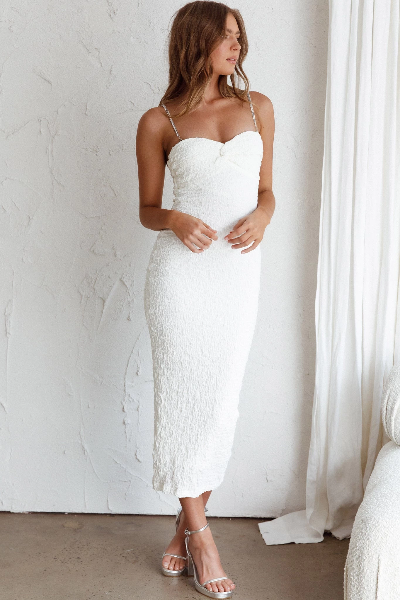 Tiffani Diamante Strap Midi Dress White - Image 4