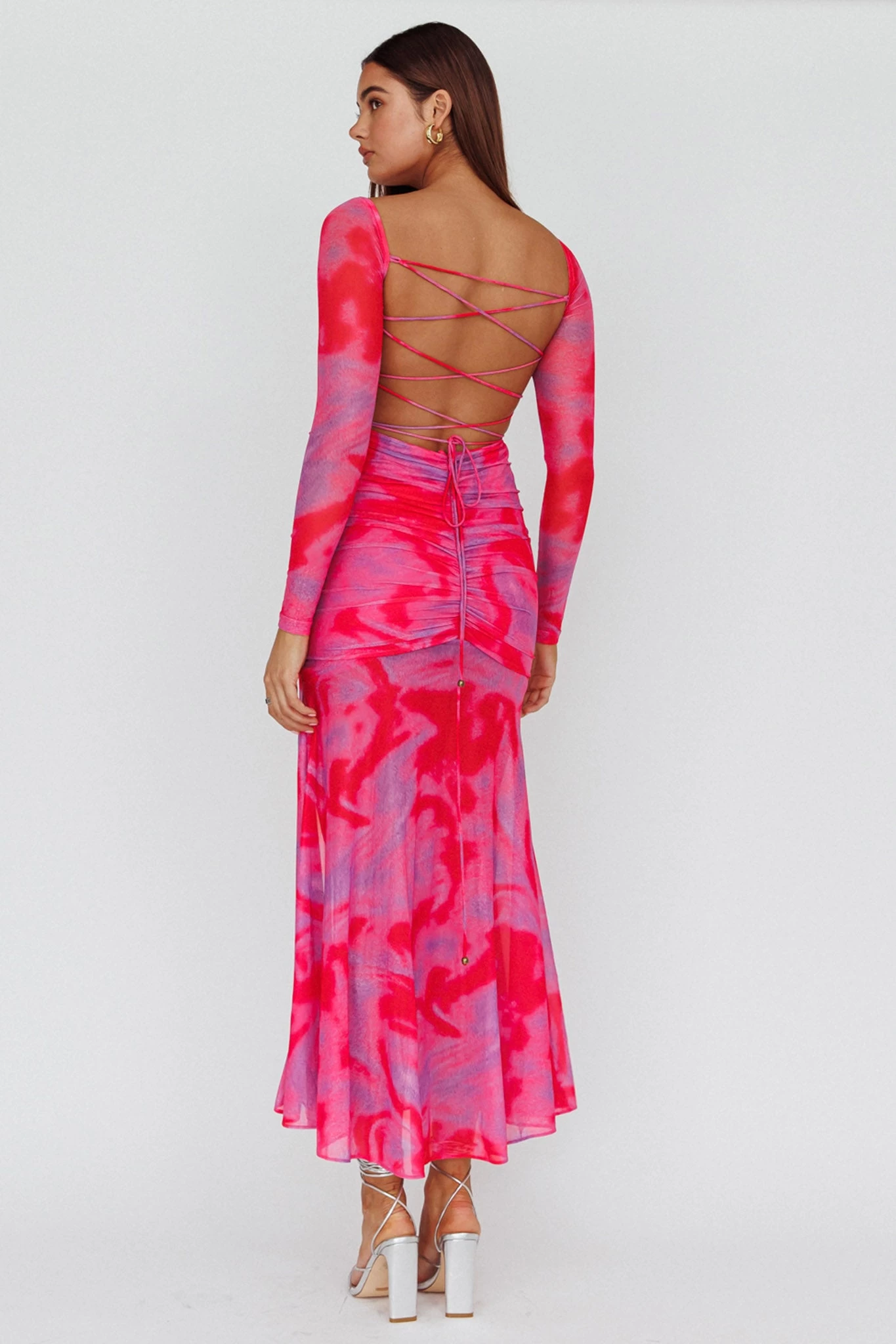 Apryl Long Sleeve Lace-Up Back Maxi Dress Pink - Image 2