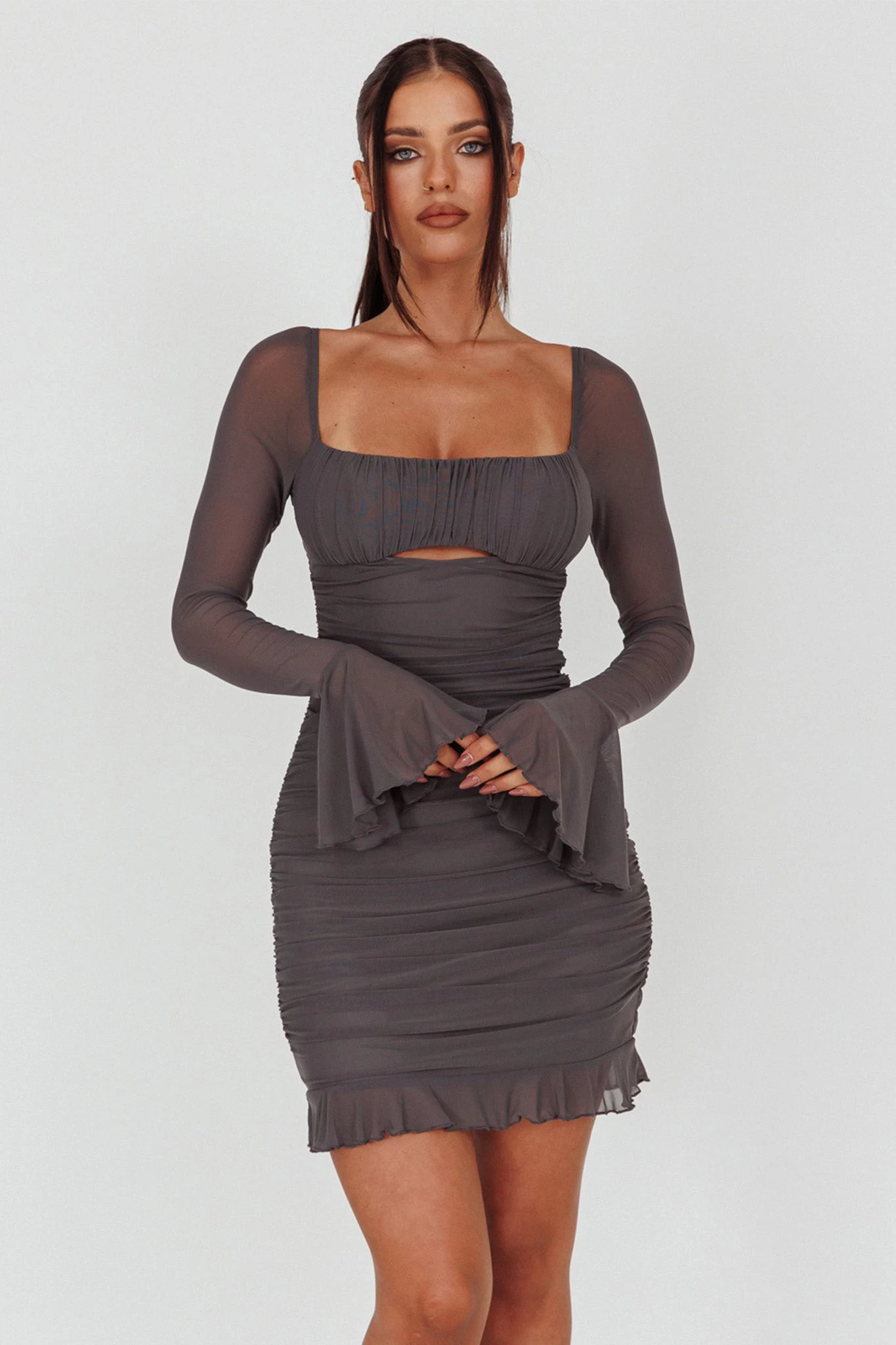 In Bloom Flared Cuff Mini Dress Charcoal - Image 7