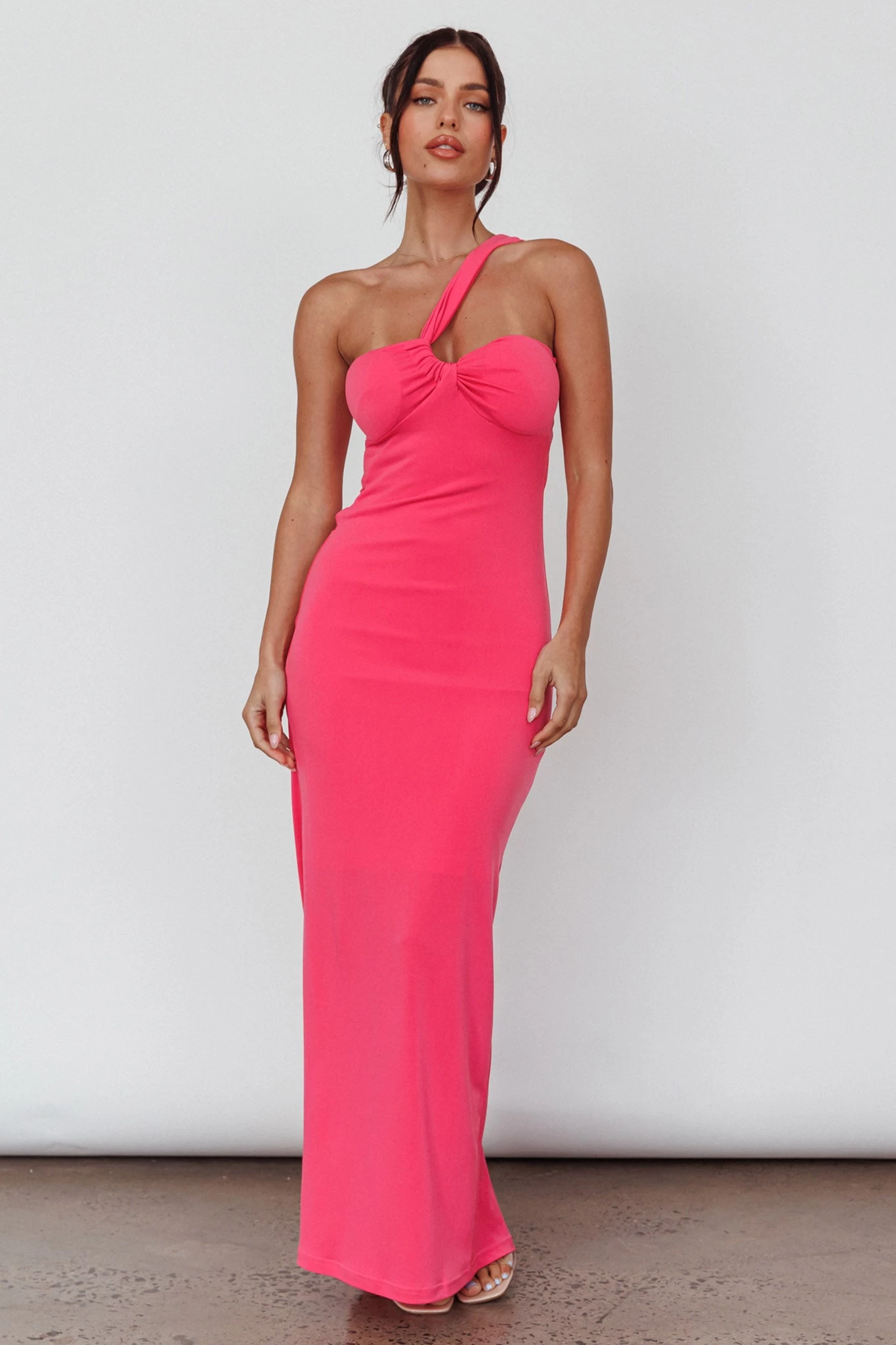 Trinny One-Shoulder Ruched Back Midi Dress Hot Pink - Image 3