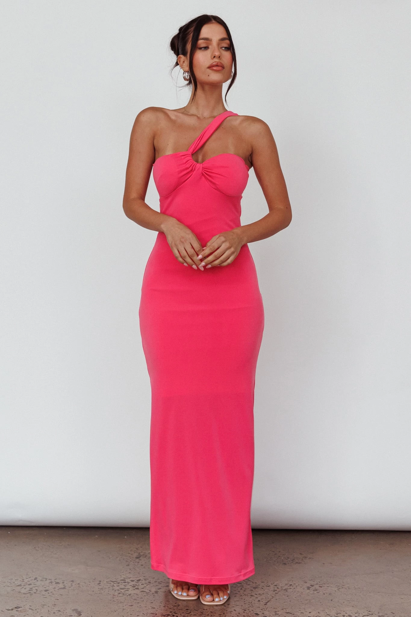 Trinny One-Shoulder Ruched Back Midi Dress Hot Pink - Image 5