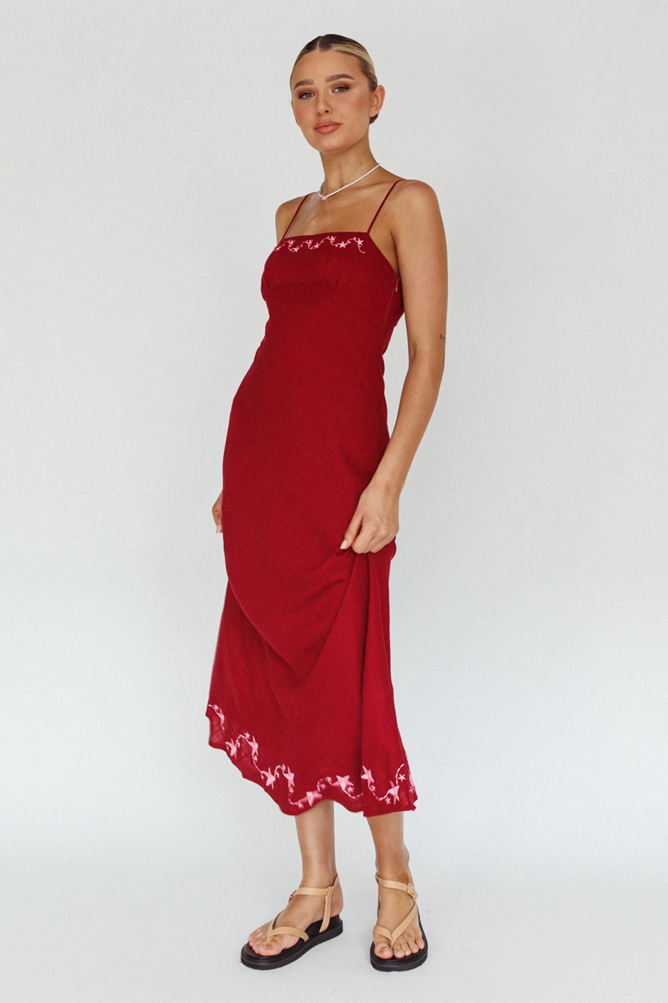 Star Garden Embroidered Midi Dress Wine - Image 5