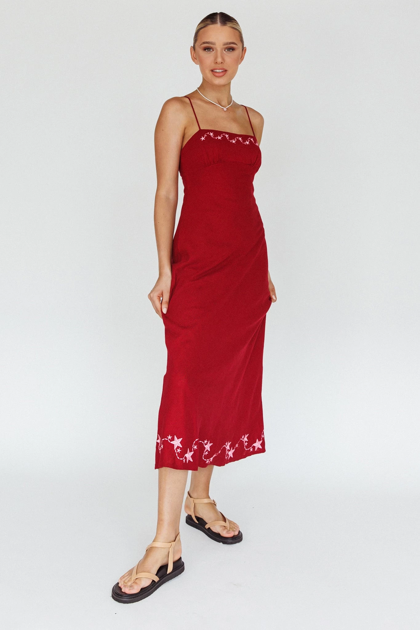 Star Garden Embroidered Midi Dress Wine - Image 7