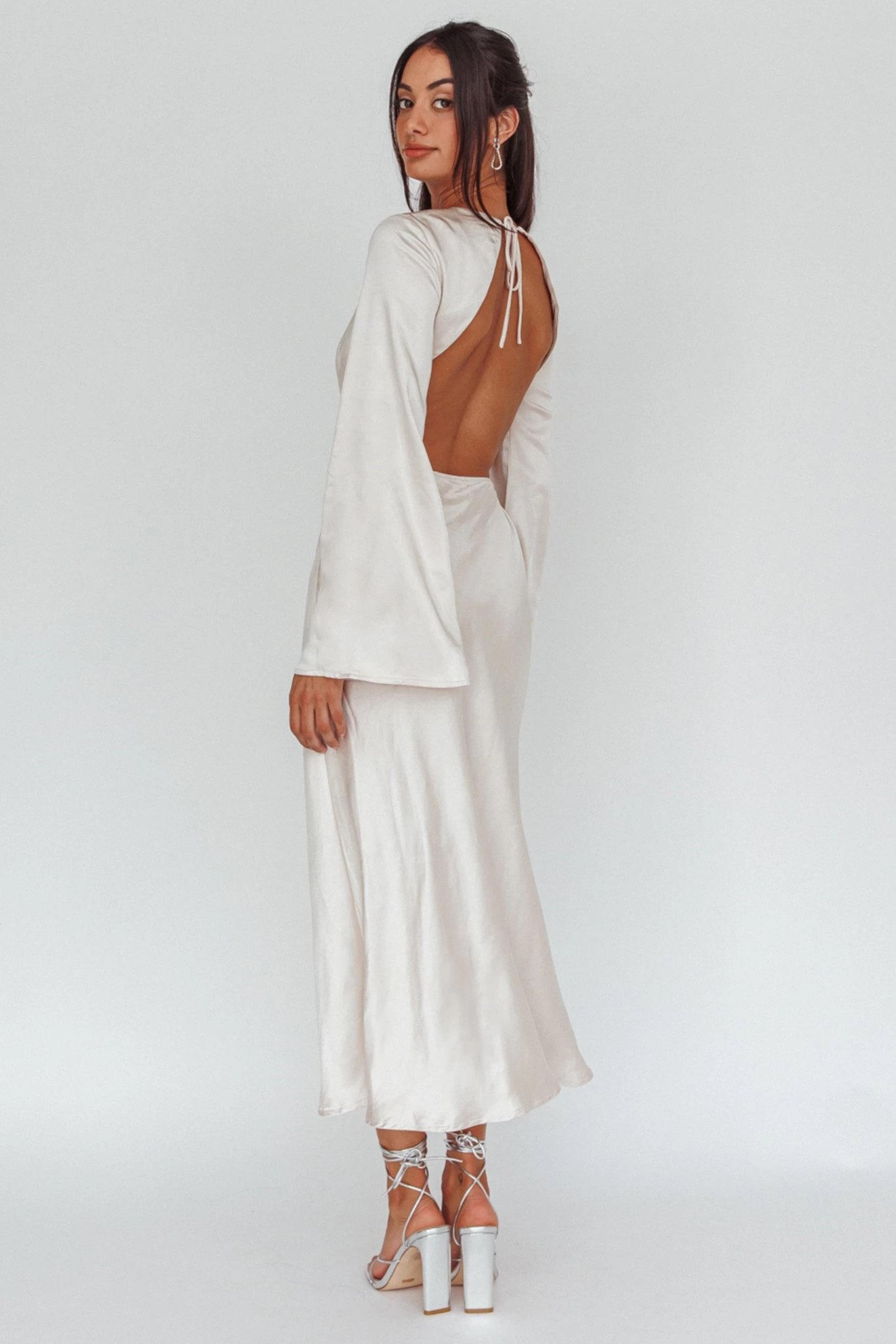 Doting Bell Sleeve Cut-Out Midi Dress Champagne - Image 2