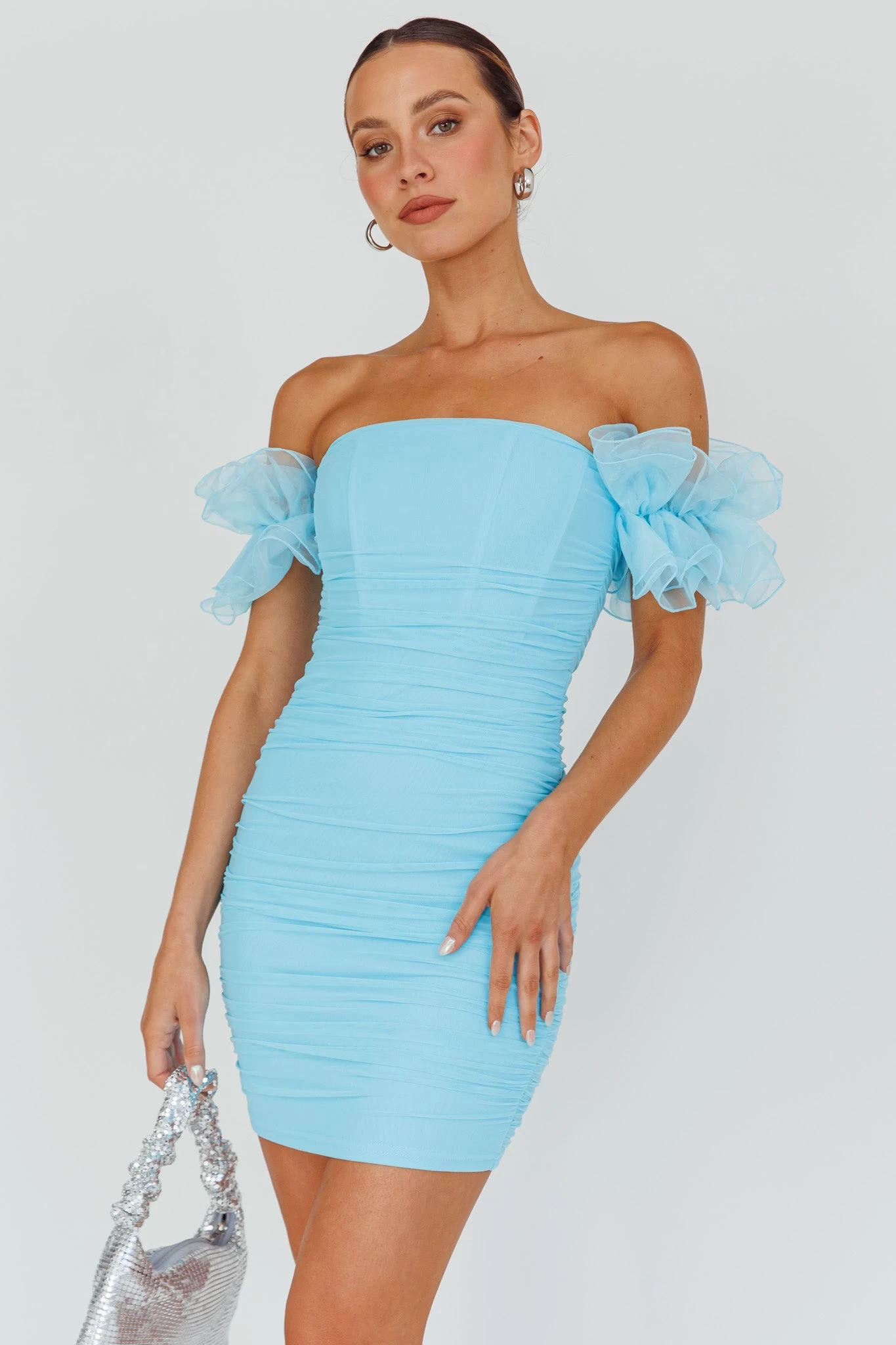 Star Dust Off-Shoulder Frill Sleeve Mini Dress Baby Blue - Image 5