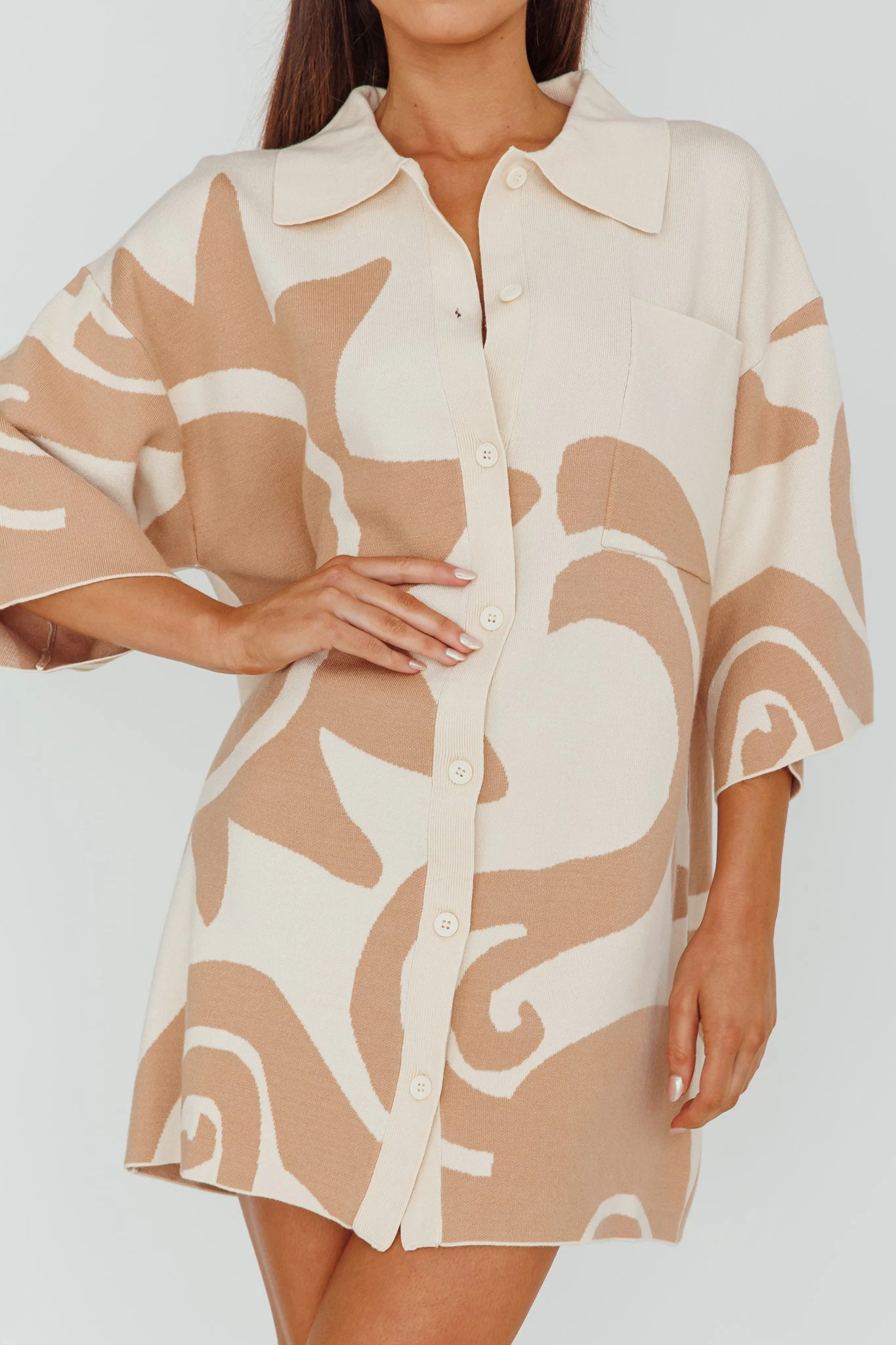 Nalani Button Up Knit Shirt Dress Sand/Wood - Image 4