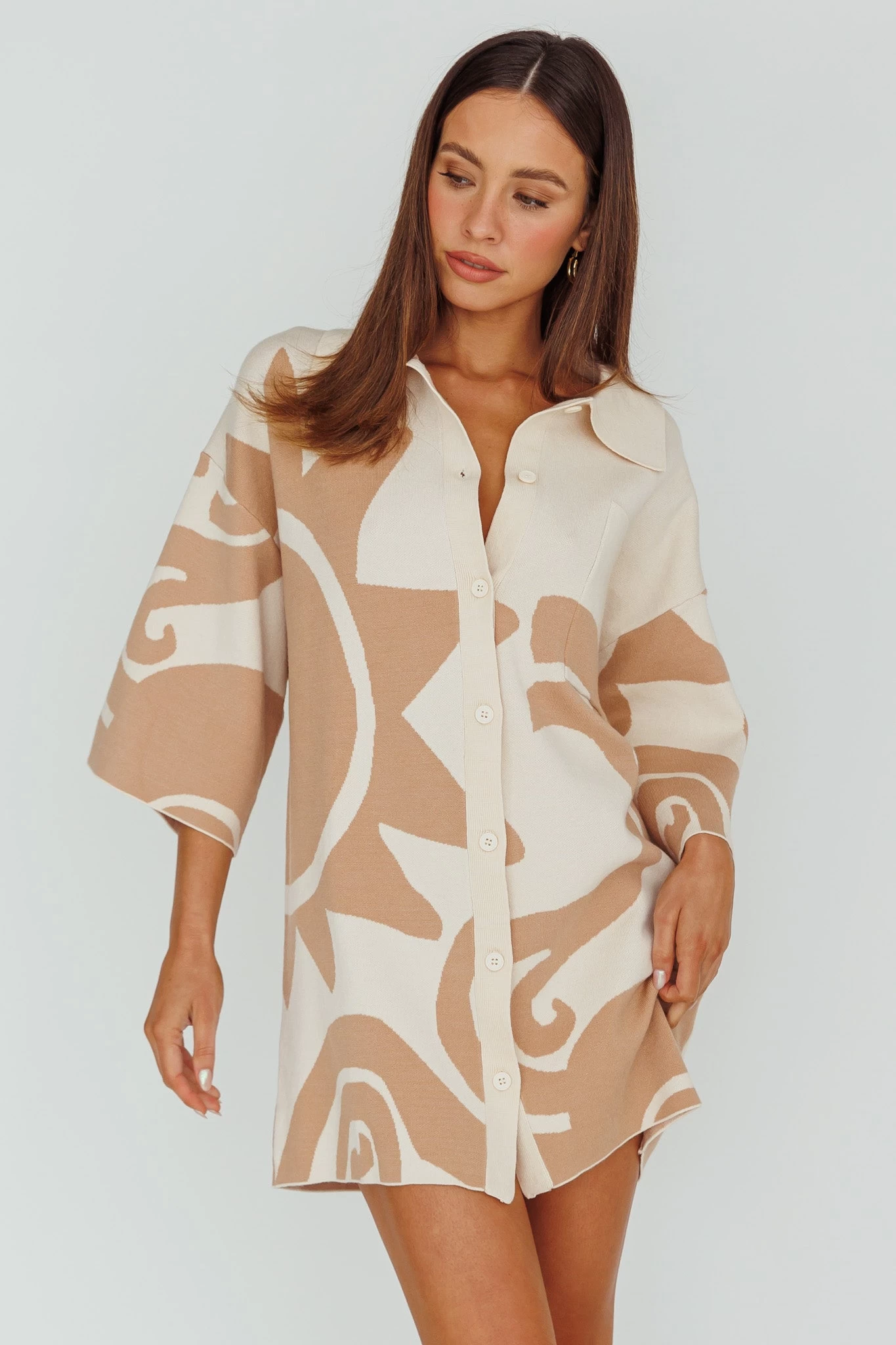 Nalani Button Up Knit Shirt Dress Sand/Wood - Image 5