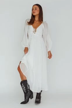 Kylin Balloon Sleeve Tied Bust Maxi Dress White