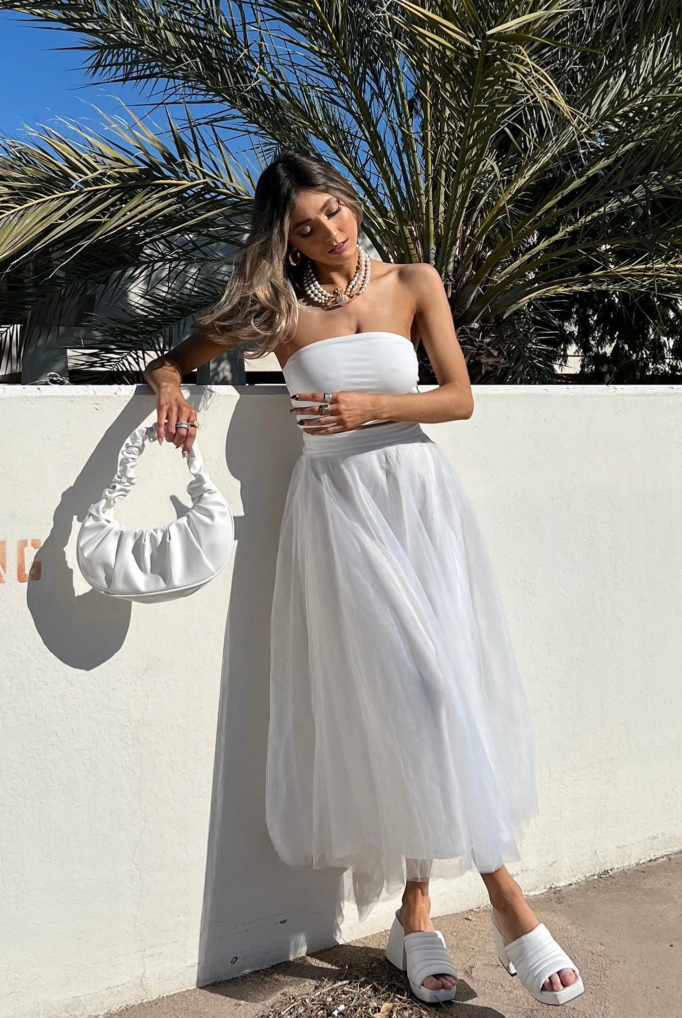 Jasmine Organza Mesh Elasticated Waist Midi Skirt White - Image 8