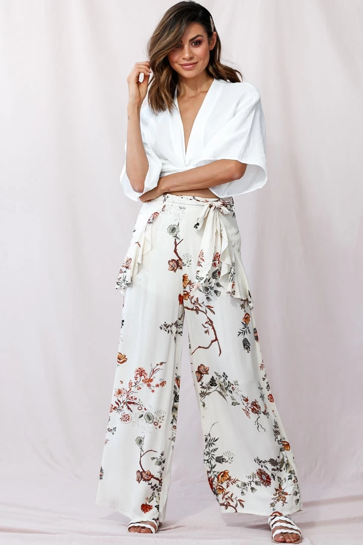 Amanda Wide-Leg Frill Detail Pants Floral Print Beige - Image 5