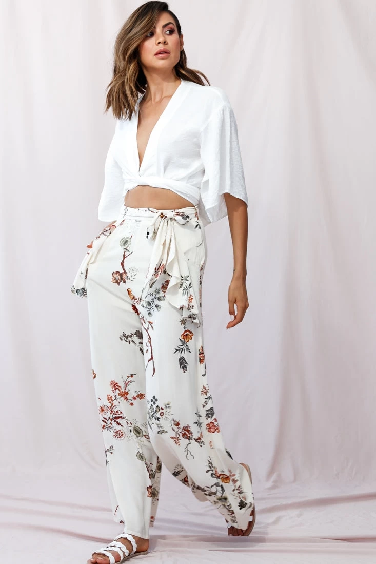 Amanda Wide-Leg Frill Detail Pants Floral Print Beige - Image 6