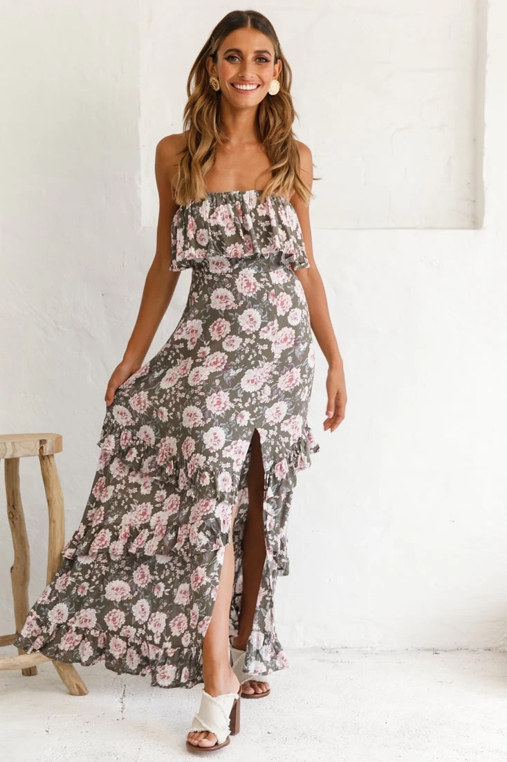 Zulu Frill Bust Front Split Maxi Dress Floral Print Olive - Image 5