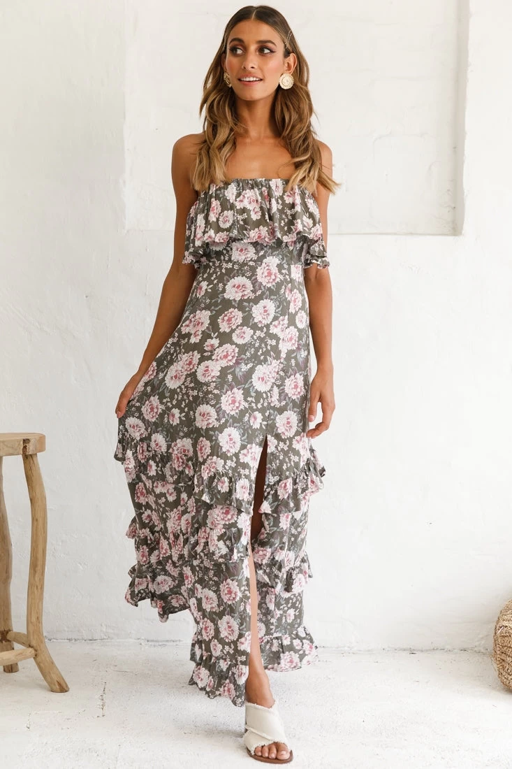 Zulu Frill Bust Front Split Maxi Dress Floral Print Olive - Image 2