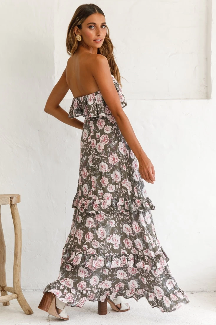 Zulu Frill Bust Front Split Maxi Dress Floral Print Olive - Image 3