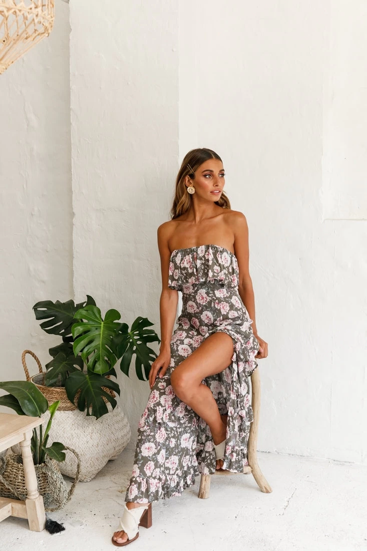 Zulu Frill Bust Front Split Maxi Dress Floral Print Olive - Image 7