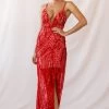 Miya Sequin Overlay Plunging Neckline Dress Red