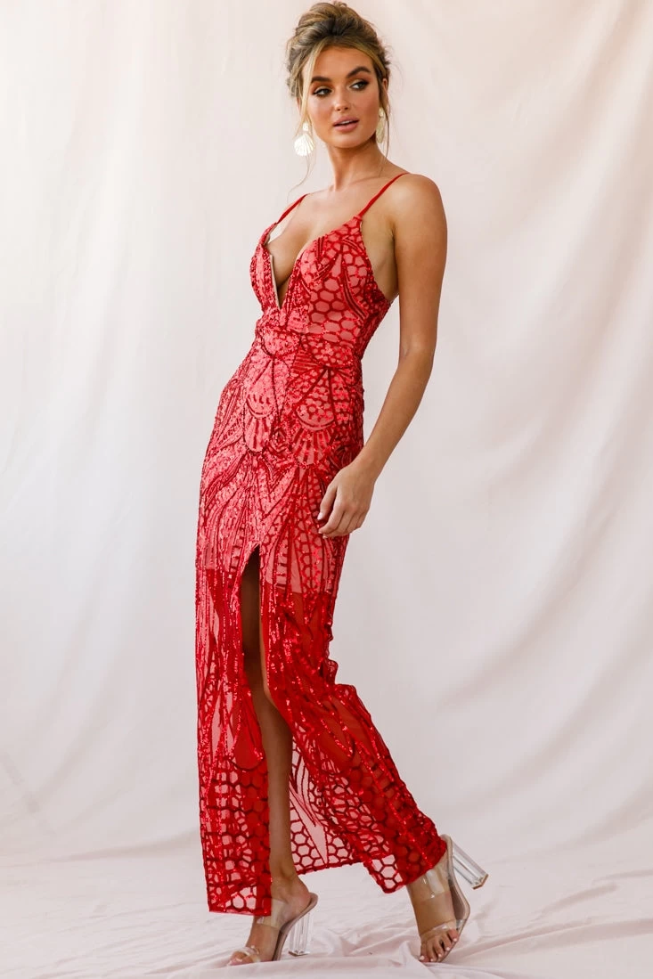 Miya Sequin Overlay Plunging Neckline Dress Red - Image 2