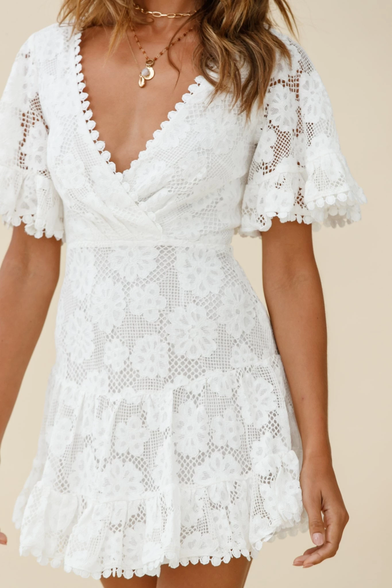 Alaia Short Fluted Sleeve Crochet Lace Dress White - Image 4